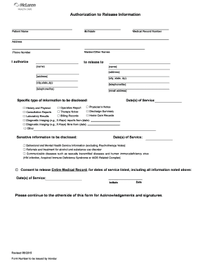 Blank Authorization to Release Medical  Form