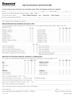 William Beaumont Hospital MRI Examination Questionnaire  Form