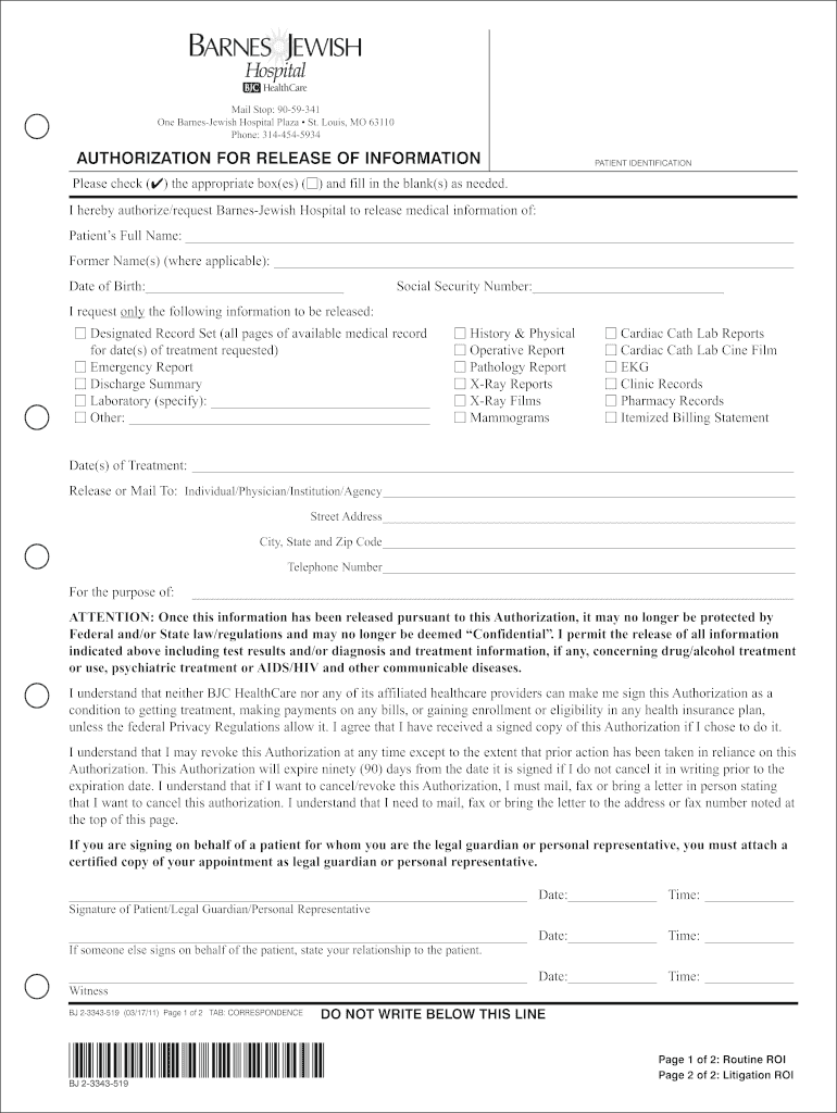  Authorization for Release of Information Form  Barnes Jewish Hospital  Barnesjewish 2011-2024