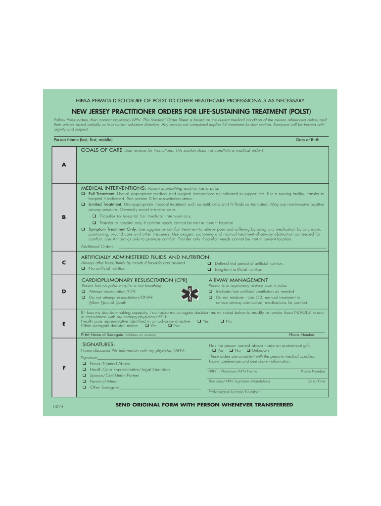  POLST Form  New Jersey Hospital Association 2012