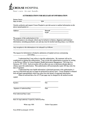 Form 5569 Auth for Release Crouse Hospital Crouse