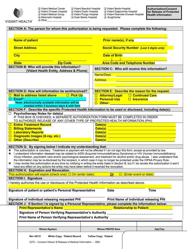 Get and Sign Vidant Medical Records 2012-2022 Form