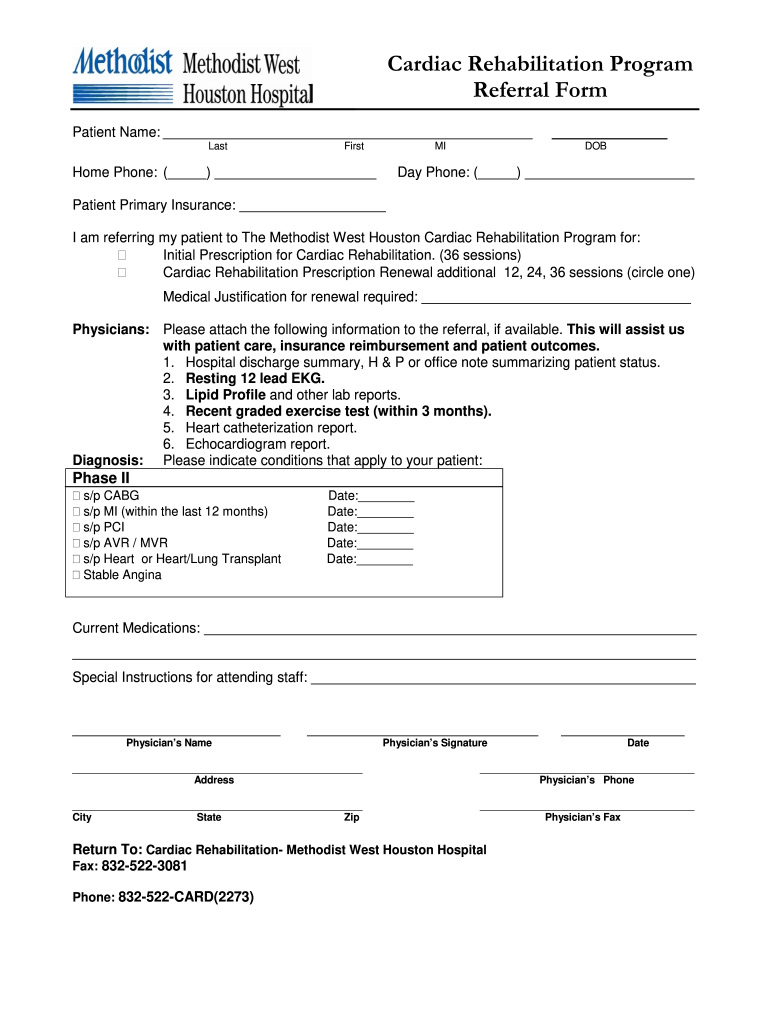 Cardiac Rehab Referral Form Methodist Hospital