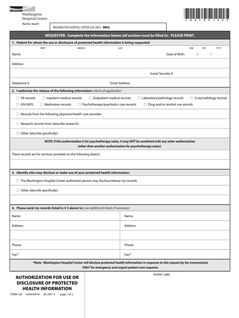  MedStar Washington Hospital Center Authorization Form  Whcenter 2010-2024