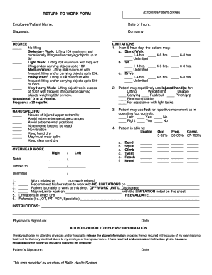 RETURN to WORK FORM Bellin Hospital