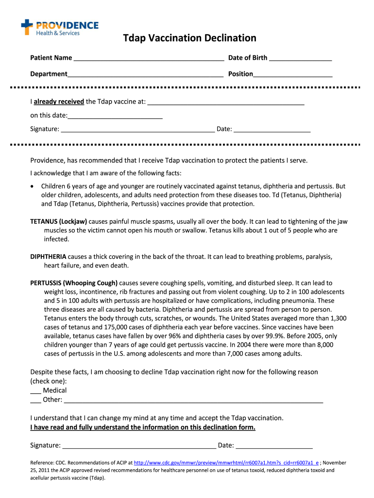  Tdap Declination Form 2011-2024