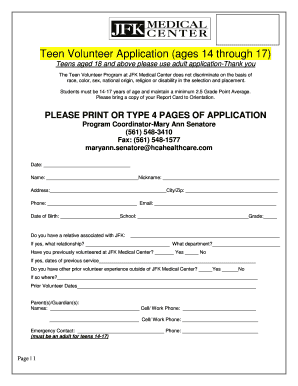 Jfk Medical Center Teen Volunteer Application  Form