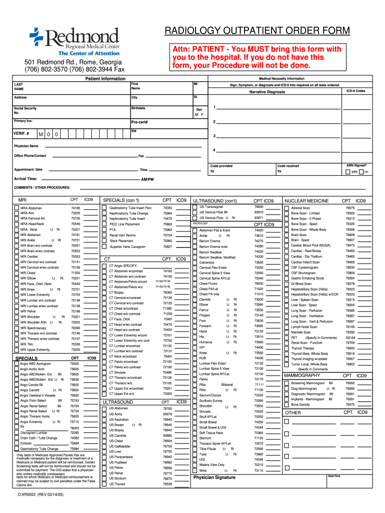  Radiology Order Form PDF 2005-2024