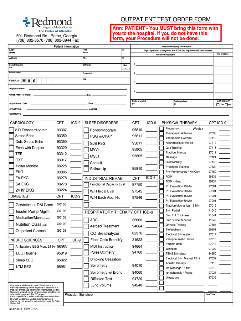 Outpatient Test Order Form Redmond Regional Medical Center