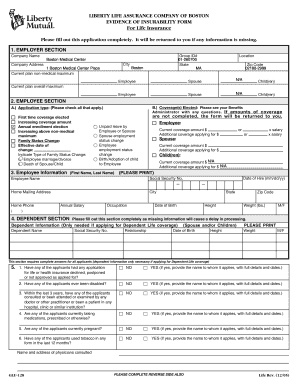 Liberty Life Assurance Company of Boston Evidence of Insurability Form for Life Insurance