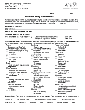 Adult Health History Form for NEW Patients Boston Medical Center Bmc