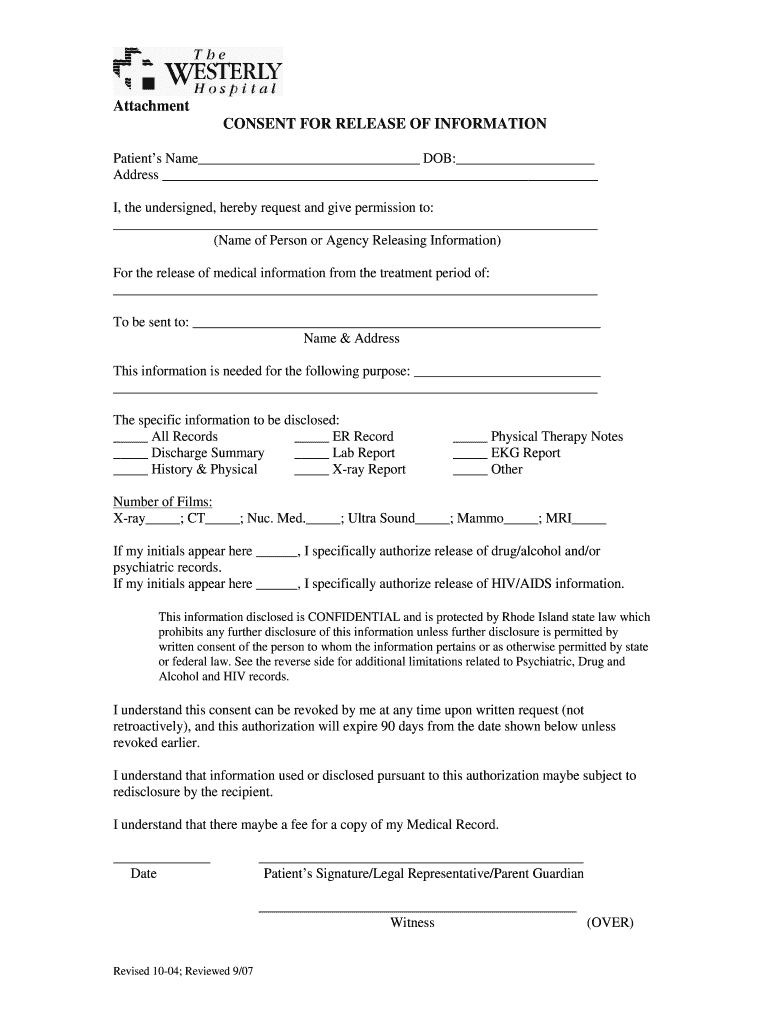  Westerly Hospital Medical Authorization Form 2004-2023