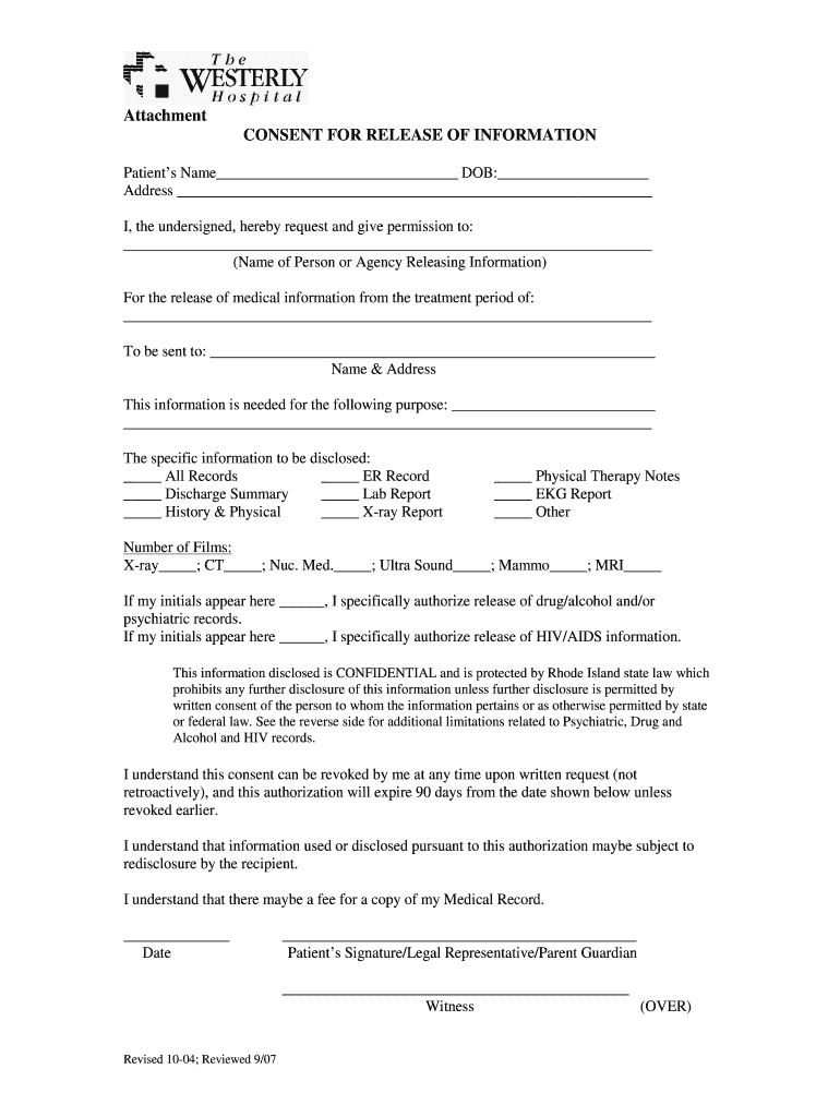  Westerly Hospital Medical Authorization Form 2004-2024