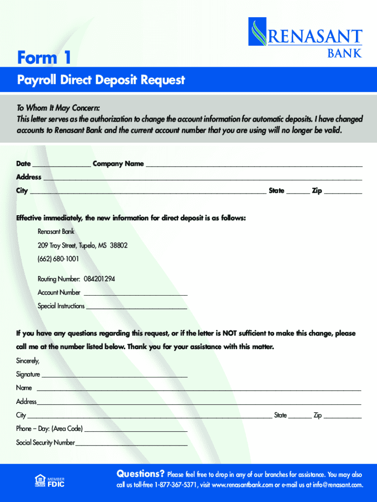 Renasant Bank Direct Deposit  Form