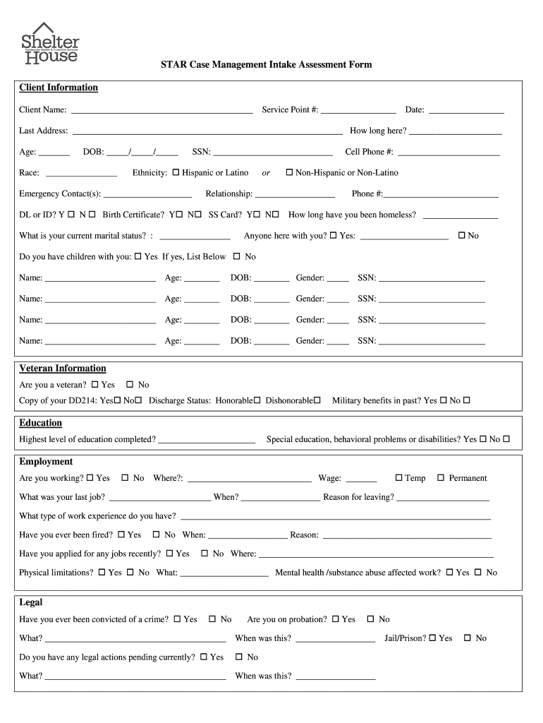 STAR Case Management Intake Assessment Form Client Information