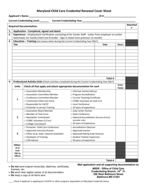 Maryland Child Care Credential Renewal Cover Sheet  Form