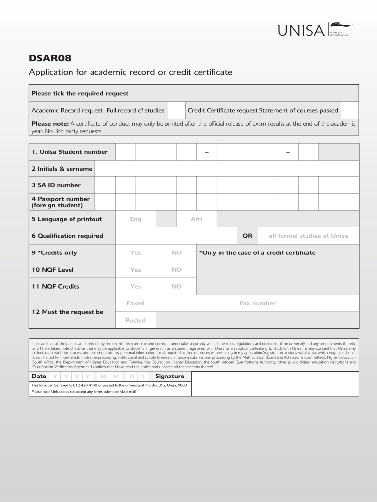 Unisa Academic Record  Form