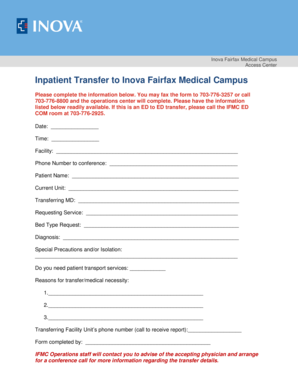 Inpatient Transfer to Inova Fairfax Medical Campus Inova  Form