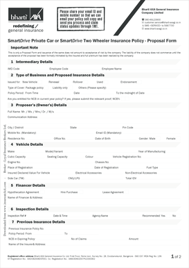 Bharti Axa Bike Insurance Policy Download PDF  Form