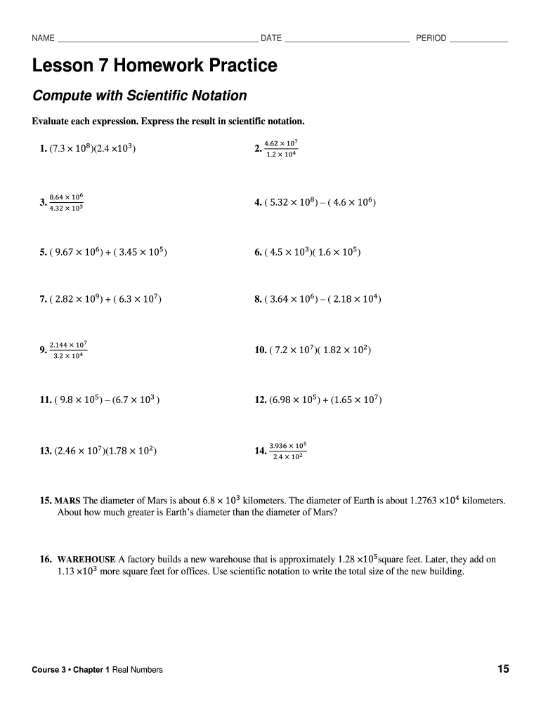 Lesson 7 Homework Practice Compute with Scientific Notation  Form