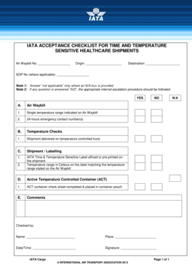 IATA ACCEPTANCE CHECKLIST for TIME and TEMPERATURE Iata  Form