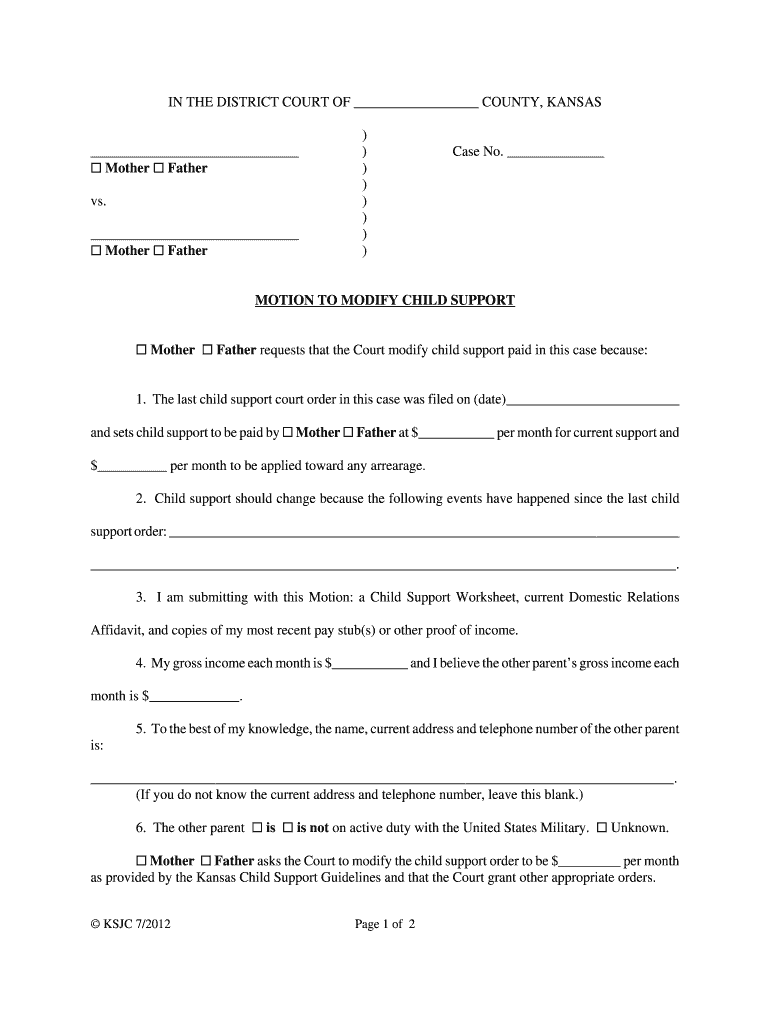  MOTION to MODIFY CHILD SUPPORT Kansas Judicial Council Kansasjudicialcouncil 2012-2024