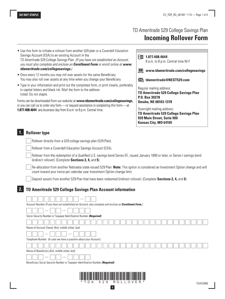  529 College Savings Plan Incoming Rollover Form TD 2019
