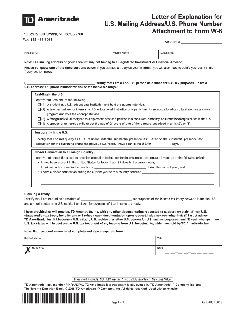 Letter of Explanation for U S Mailing Address  Form