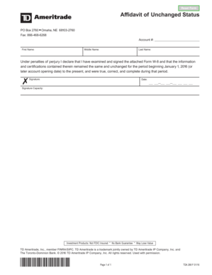 Affidavit of Unchanged Status TD Ameritrade  Form