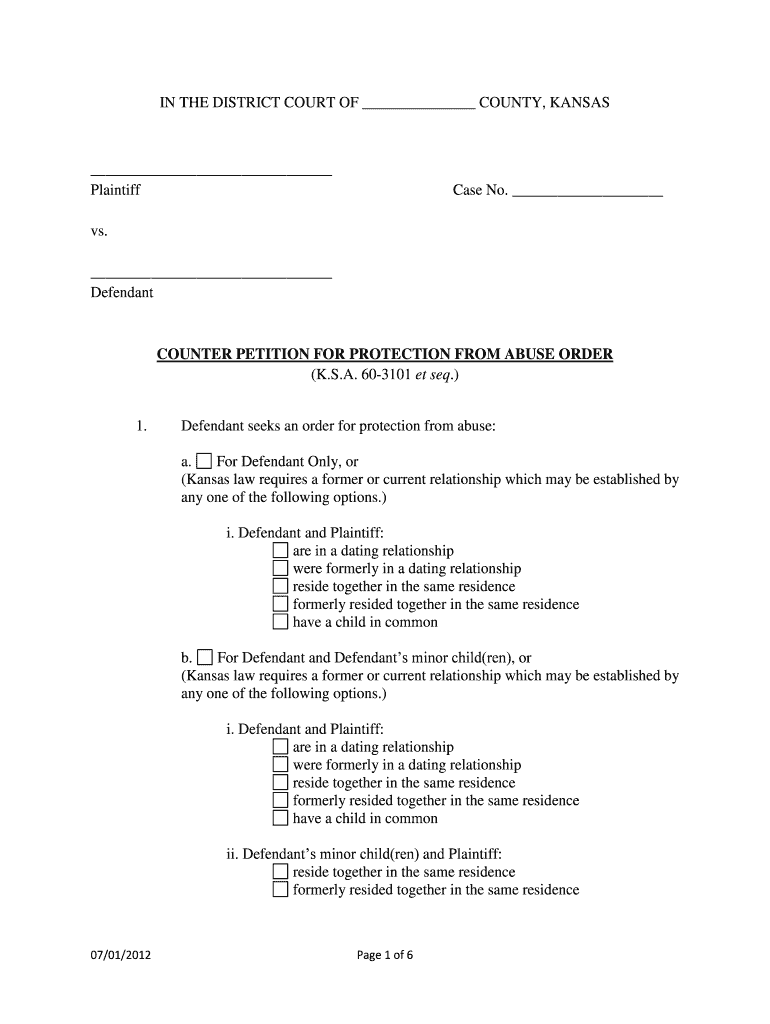  COUNTER PETITION for PROTECTION from ABUSE ORDER Et Seq Kansasjudicialcouncil 2012