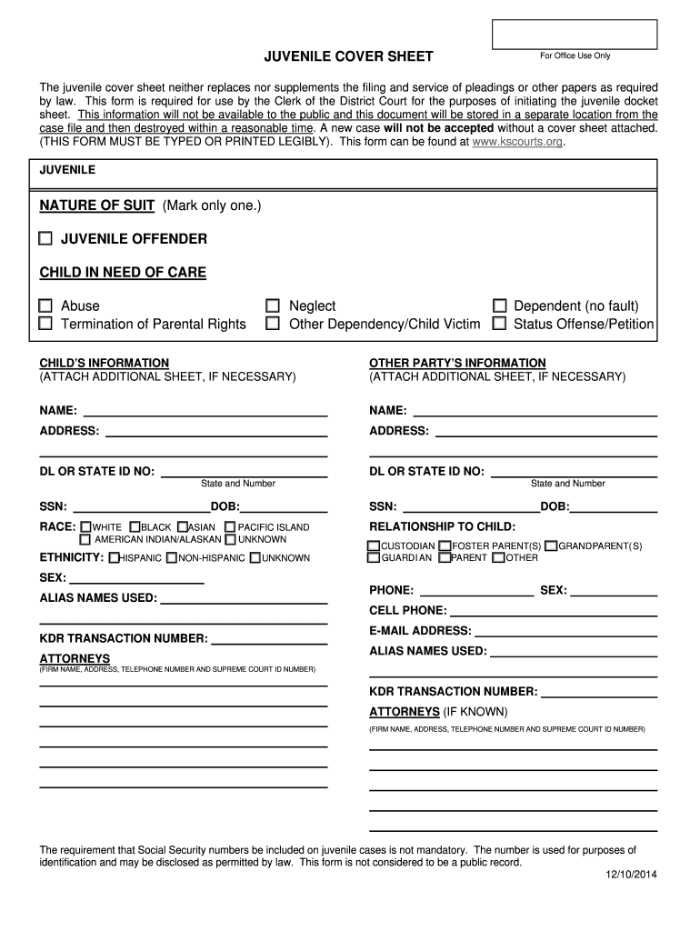  Juvenile Cover Sheet 120914 Kansas Judicial Council Kansasjudicialcouncil 2014-2024