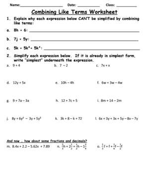Combining Like Terms Worksheet DOC  Form