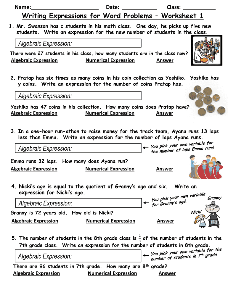 Writing Algebraic Expressions from Word Problems Worksheet with Answers PDF  Form