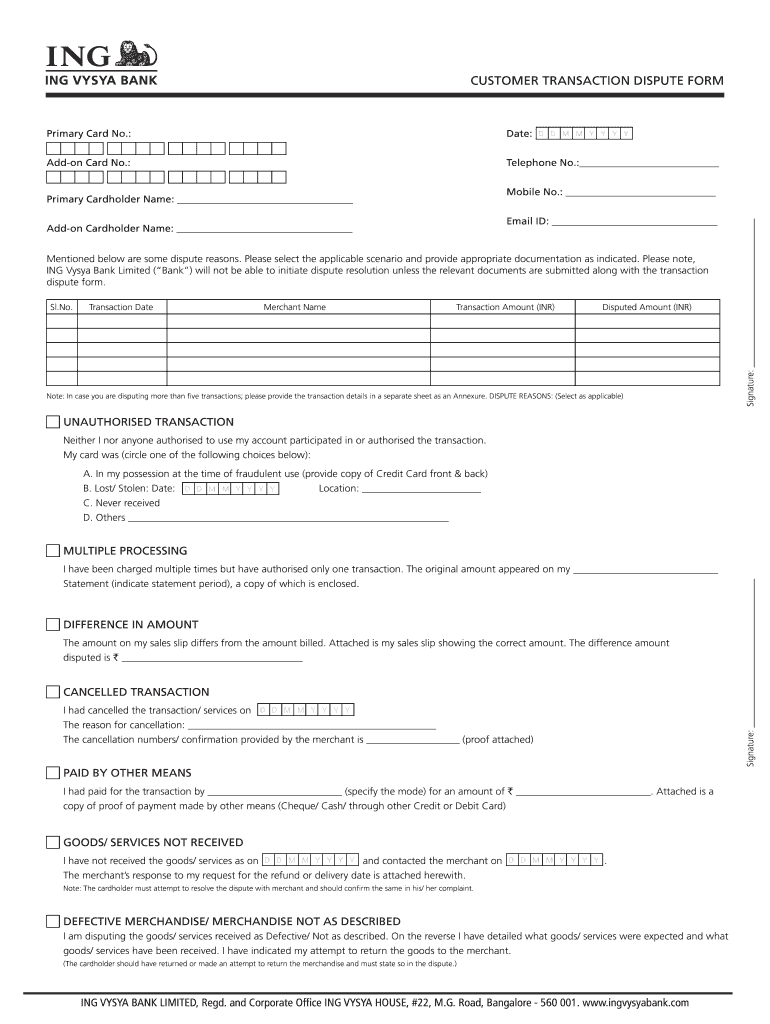 Kotak Mahindra Charge Dispute Form