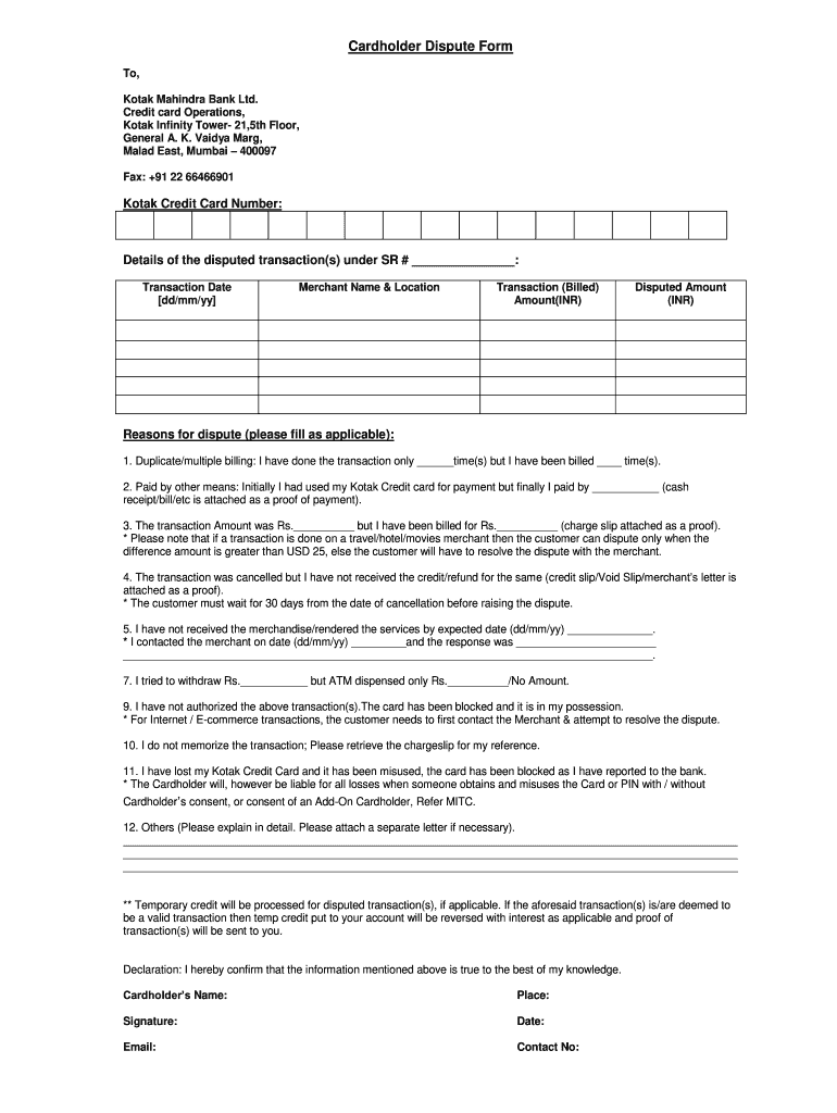 Charge Dispute Form Kotak Mahindra Bank