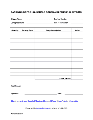 Household Goods Packing List  Form