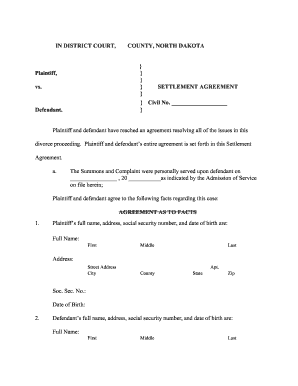 In DISTRICT COURT COUNTY NORTH DAKOTA Vs SETTLEMENT  Form