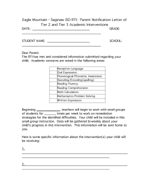 RTI Parent Letter Eagle Mountain Saginaw Independent  Form