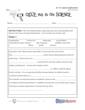 Cloze Ing in on Science Earth and Space Answers  Form