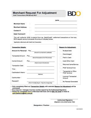 Merchant Request for Adjustment BDO Unibank  Form