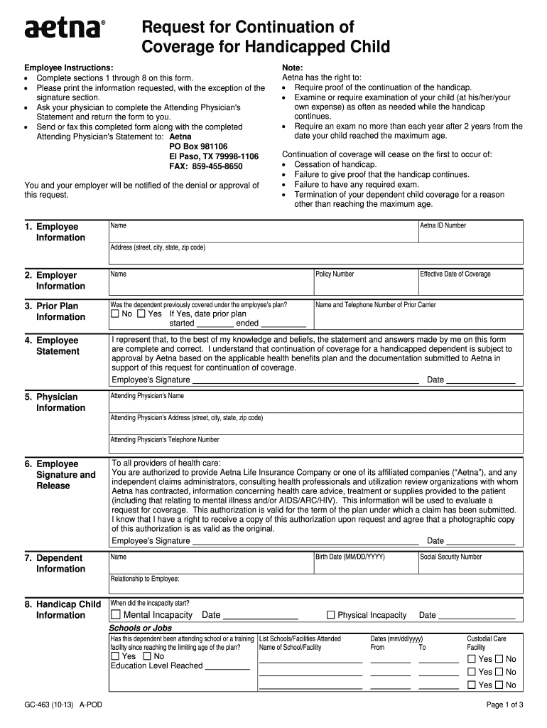 Request for Continuation of Coverage for Handicapped Child  Aetna  Webapp Montcopa  Form