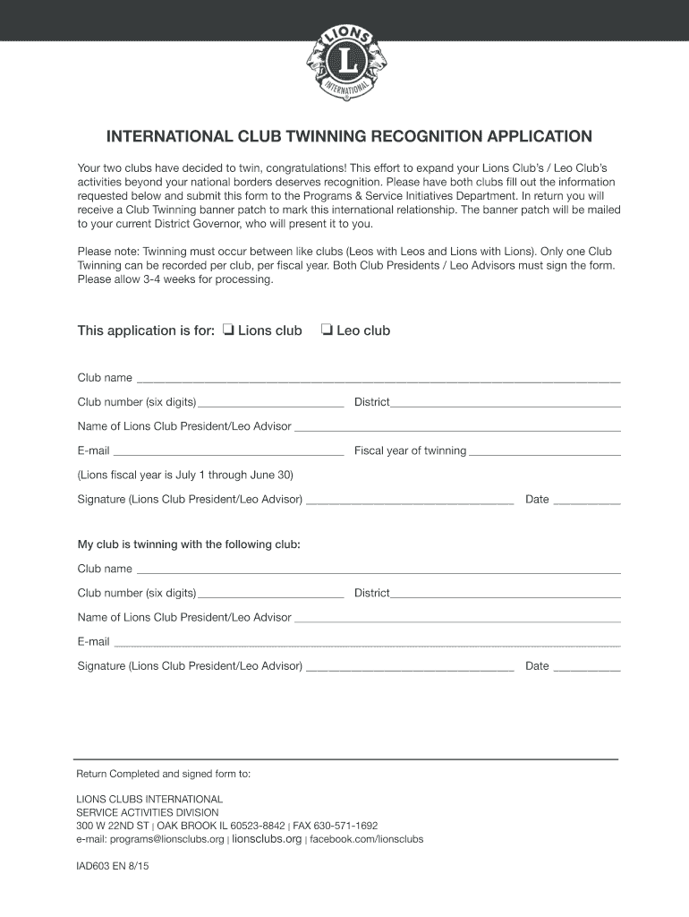 International Club Twinning Recognition Application Lionsclubs  Form