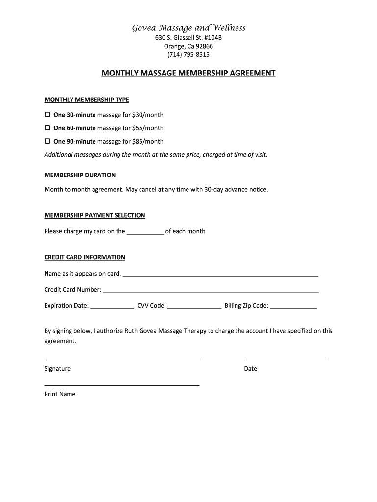 MONTHLY MASSAGE MEMBERSHIP AGREEMENT  Form