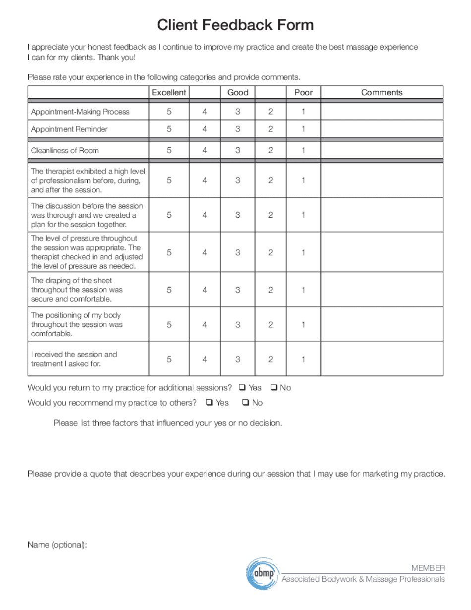  Feedback Form for Massage 2013-2024