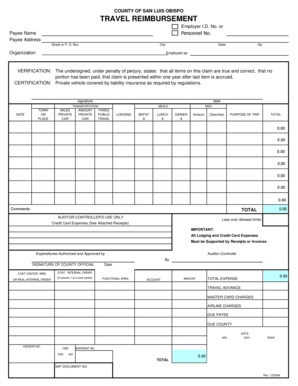 COUNTY of SAN LUIS OBISPO TRAVEL REIMBURSEMENT Slocounty Ca  Form