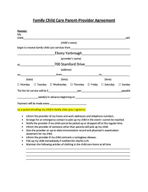 Family Child Care Parent Provider Agreement  Form