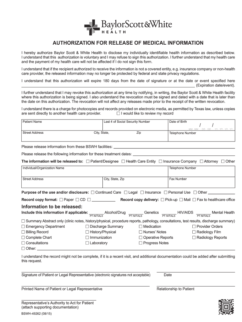  I Hereby Authorize Baylor Scott & White Health to Disclose My Individually Identifiable Health Information as Described Belo 2015-2024