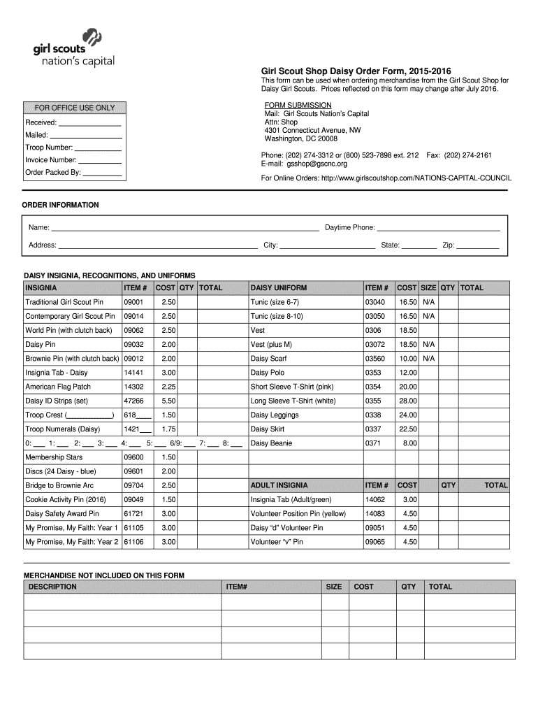  Girl Scout Shop Daisy Order Form   GSCNC  Gscnc 2016