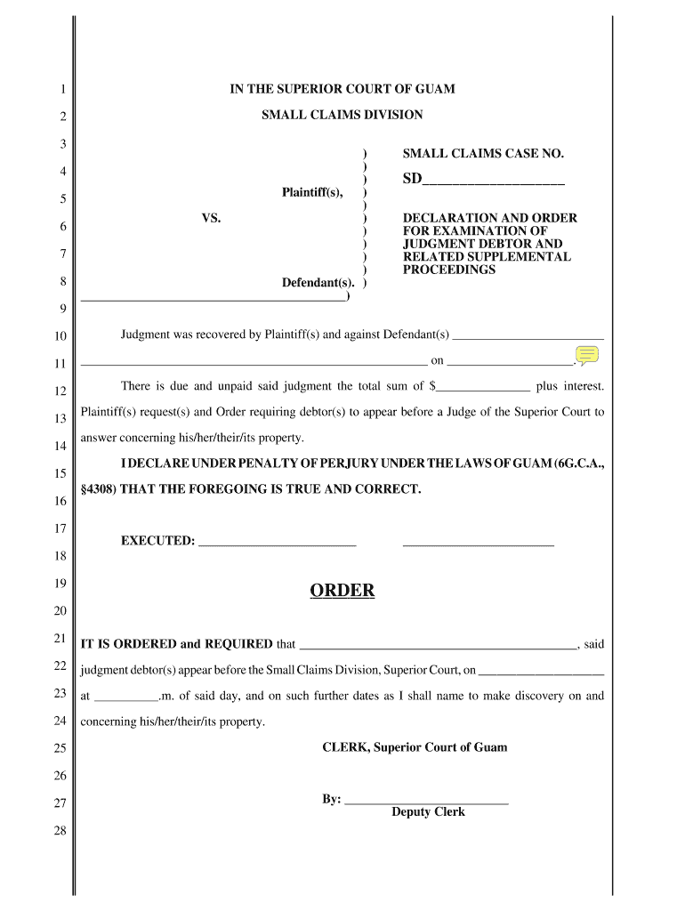 Small Claims Court Declaration Order for Examination of Judgment Debtor Related Supplemental Proceedings Declaration Order for E  Form