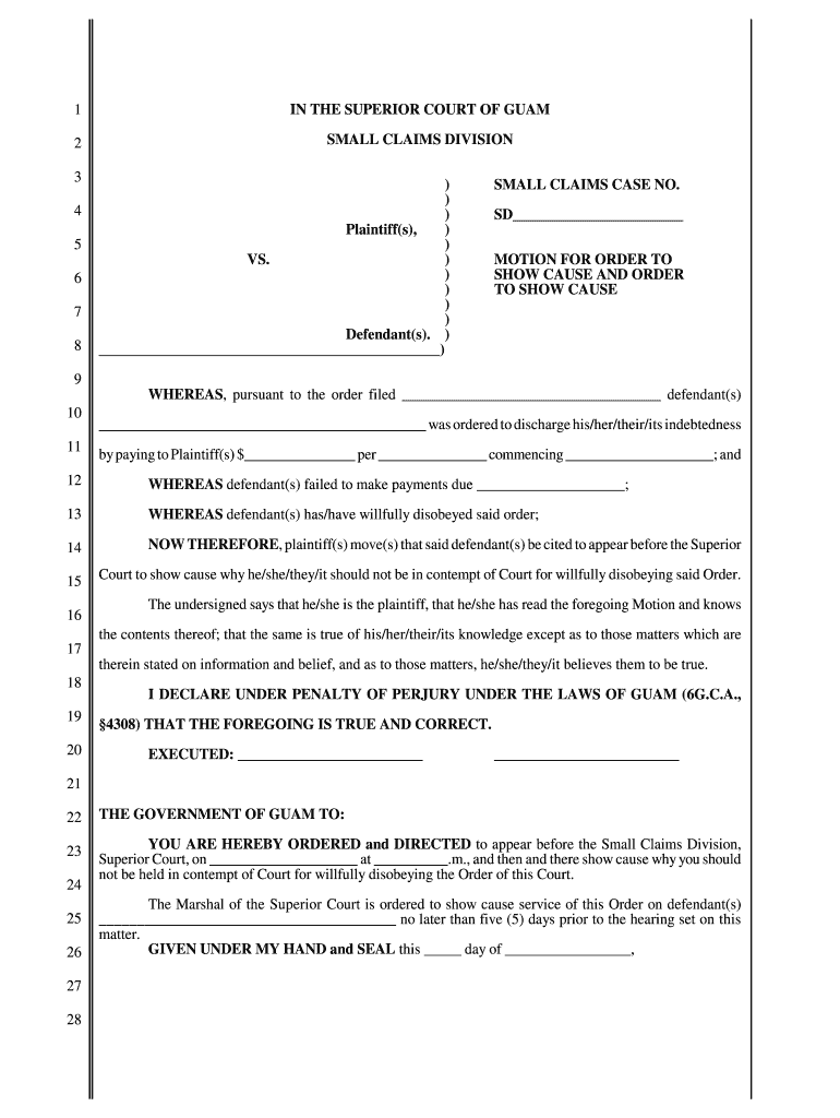 Small Claims Court MotionforOrdertoShowCauseandOrdertoShowCause MotionforOrdertoShowCauseandOrdertoShowCause Guamselfhelp  Form